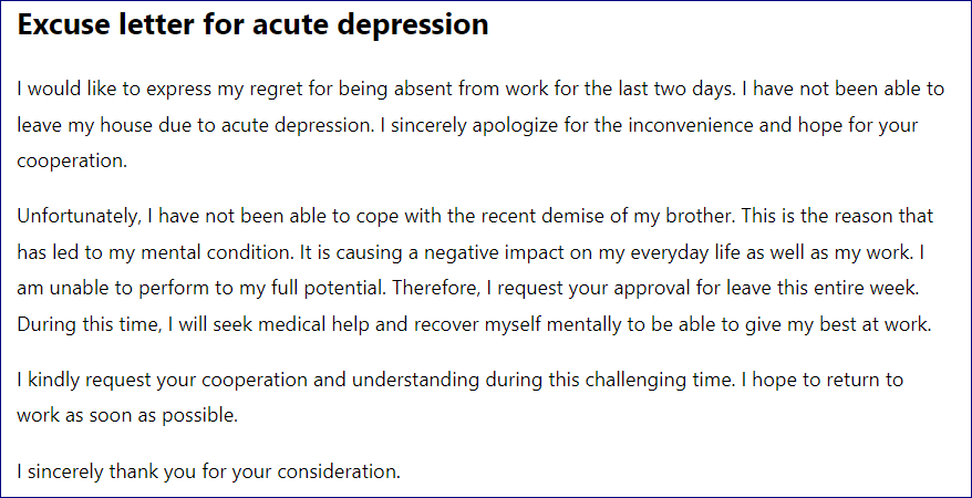 Excuse letter for acute depression