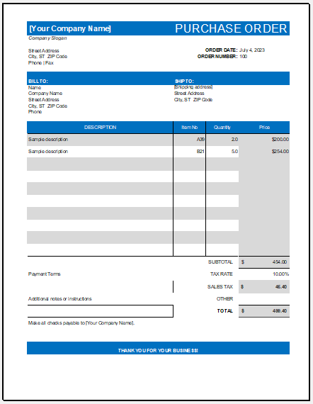 Purchase order template for Excel