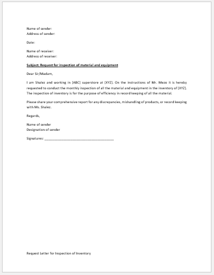 Request Letter for Inspection of Inventory