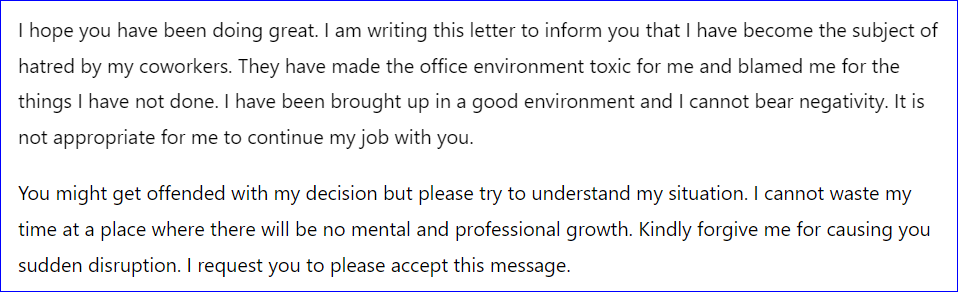 Resignation letter for toxic work environment