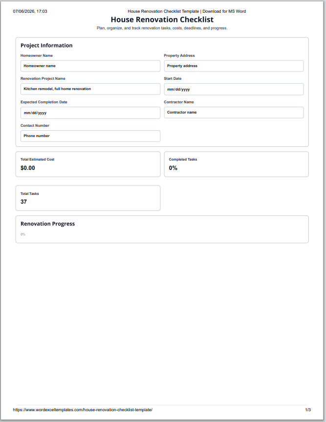 House Renovation Checklist Template
