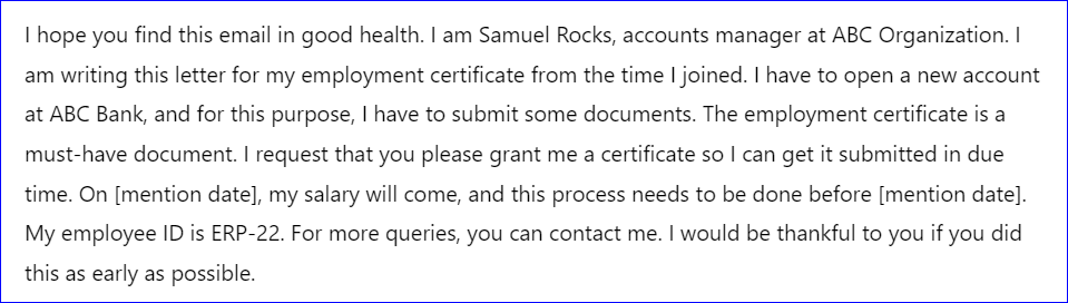 Request email to HR for an Employment Certificate