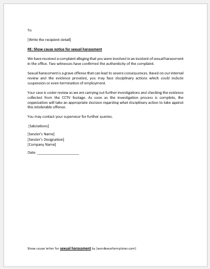Show cause letter for Sexual Harassment