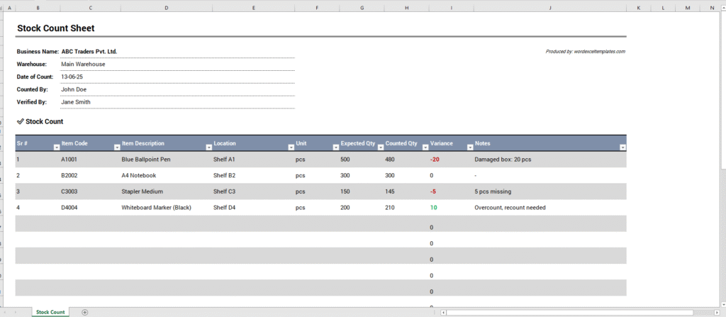 Stock Count Sheet Template for Excel