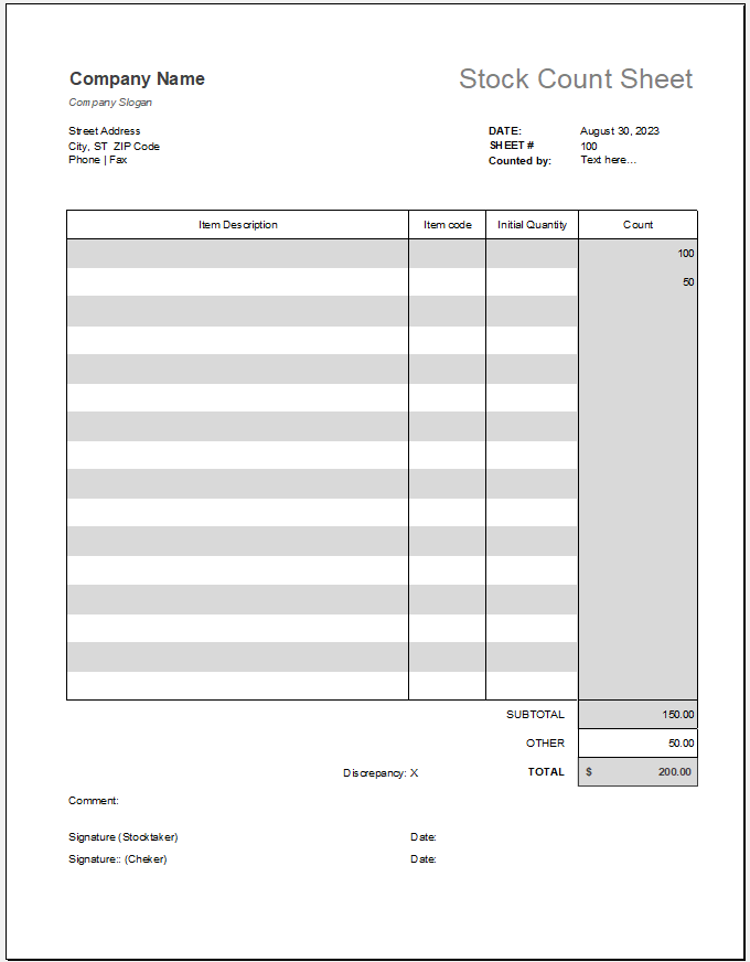 Stock count sheet template