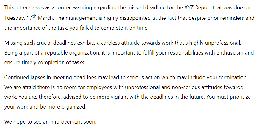 Warning letter for unprofessional behavior of missing deadlines