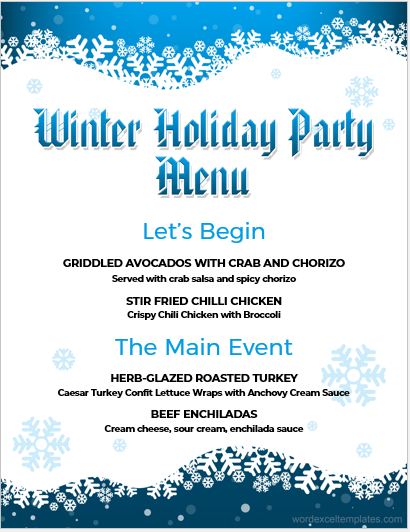 Christmas holiday party menu sheet template