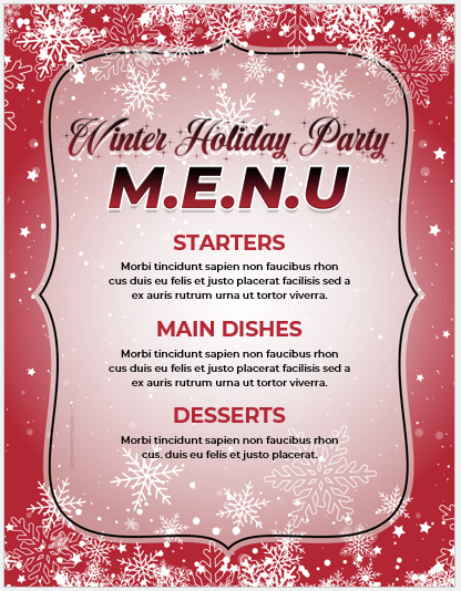 Christmas holiday party menu sheet template