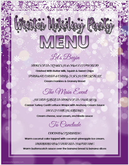 Christmas holiday party menu sheet template