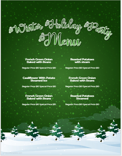 Christmas holiday party menu sheet template