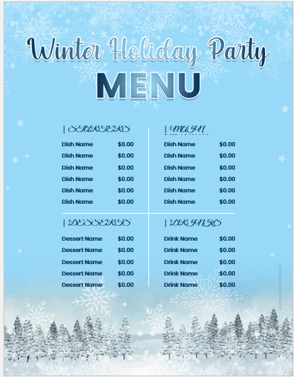 Christmas holiday party menu sheet template