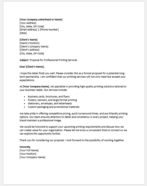 Proposal Letter for Printing Services