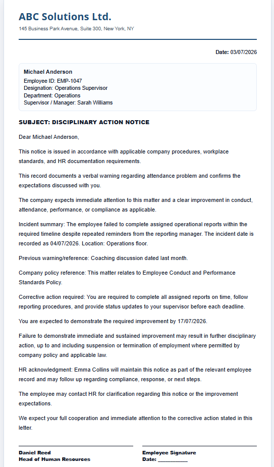 Disciplinary Action Letter
