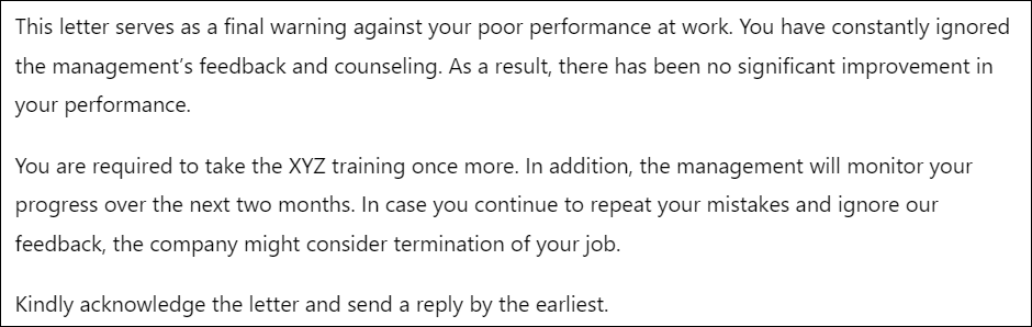 Disciplinary action letter for repeatedly ignoring feedback or counselling