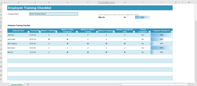 Employee Training Checklist Template for Excel