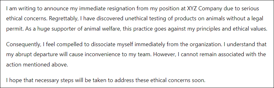 Immediate resignation letter for ethical concerns