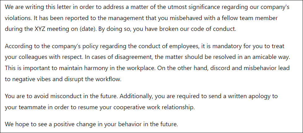 Warning letter for company policy violation