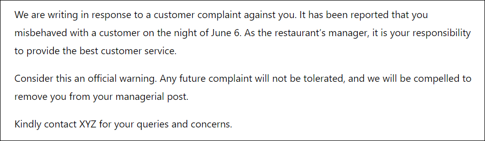 Warning letter to restaurant manager for misbehavior with customer