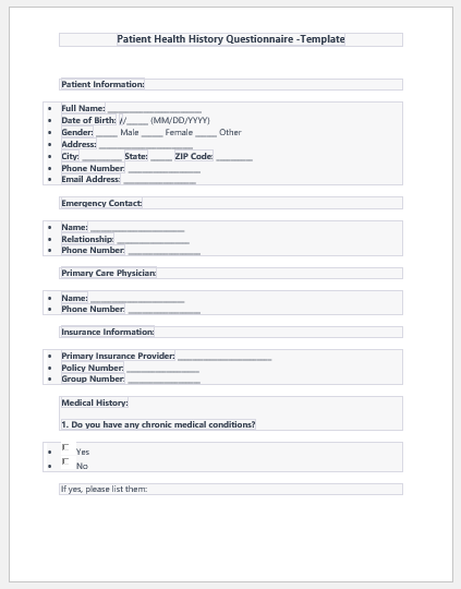 Patient Health History Questionnaire template