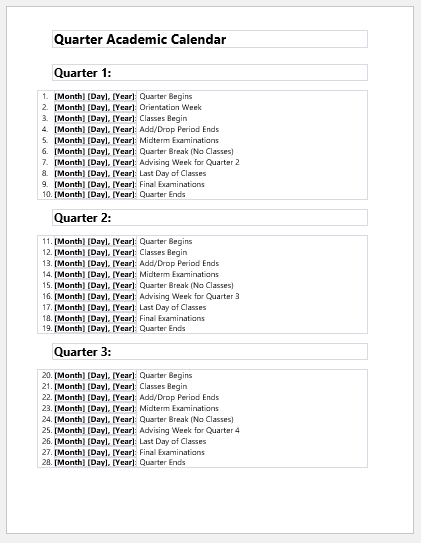 Quarter academic calendar template
