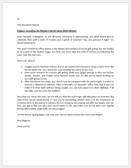 Secret Santa Announcement Letter to Colleagues