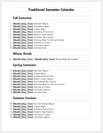 Traditional semester calendar template