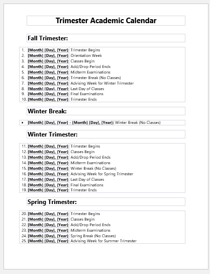 Trimester academic calendar template