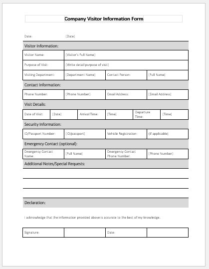 Company Visitor Information Form