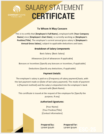 Employee salary statement certificate