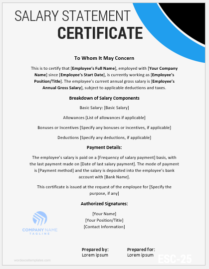 Employee salary statement certificate