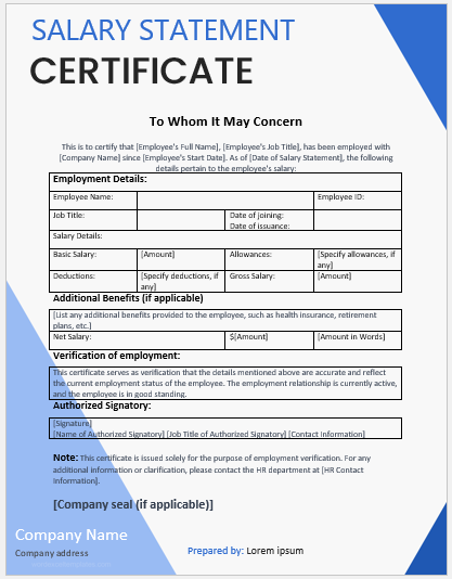 Employee salary statement certificate
