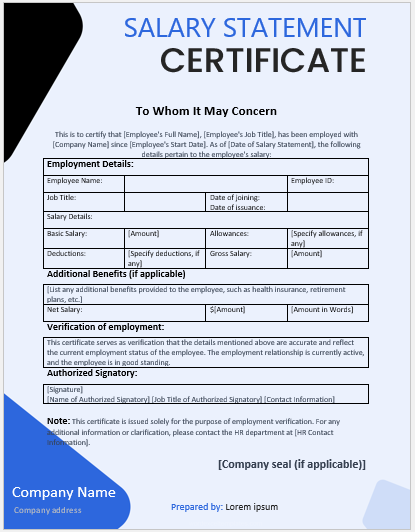 Employee salary statement certificate