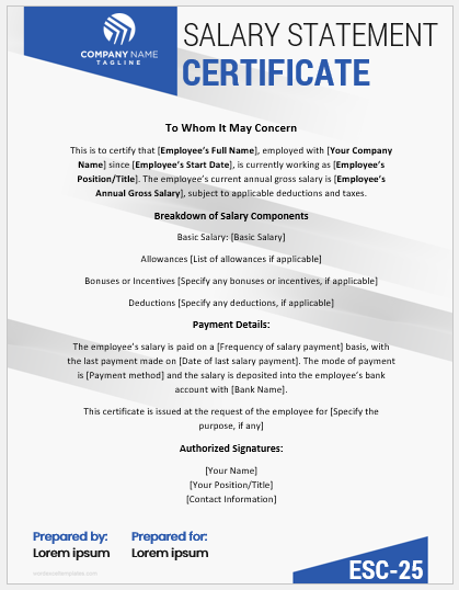 Employee salary statement certificate