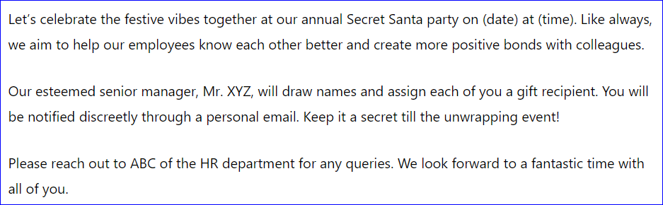 Secret Santa Party Invite Letter to Employees