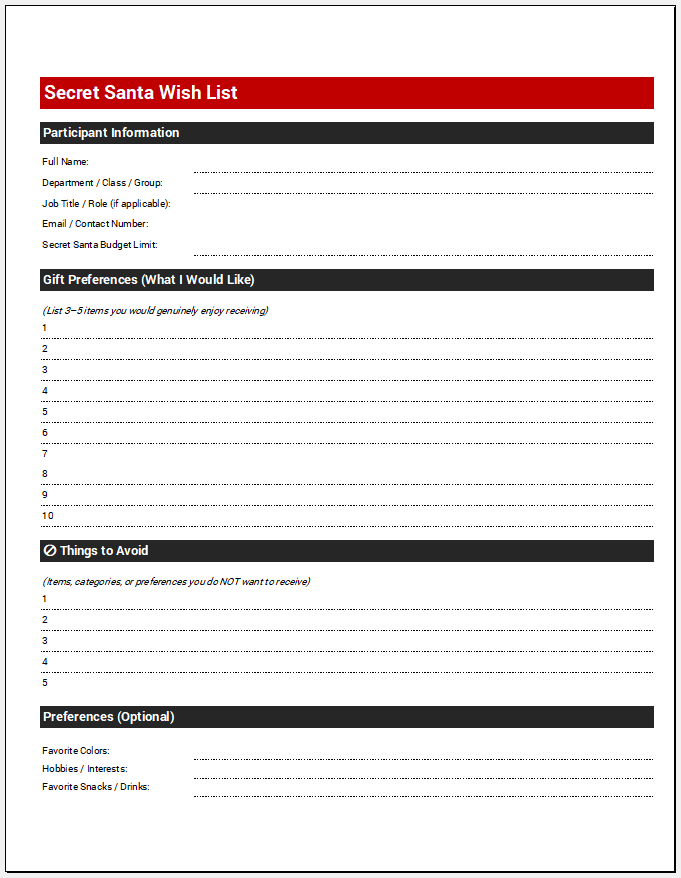 Secret Santa Wish List Template