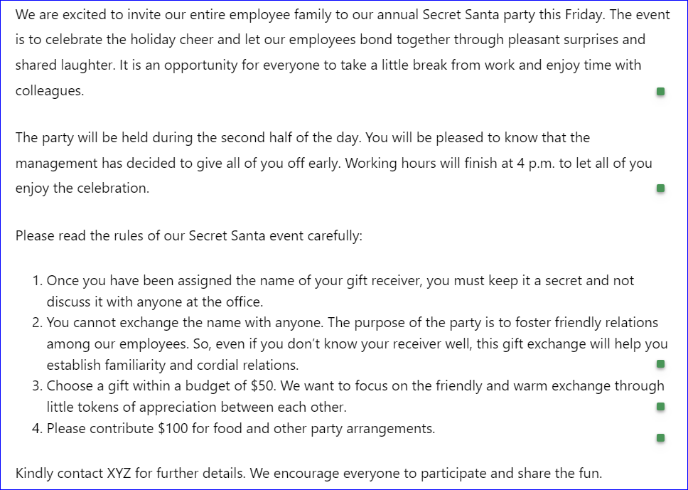 Secret Santa party invitation message to employees