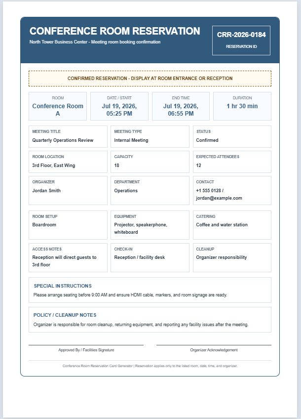 Conference Room Reservation Cards