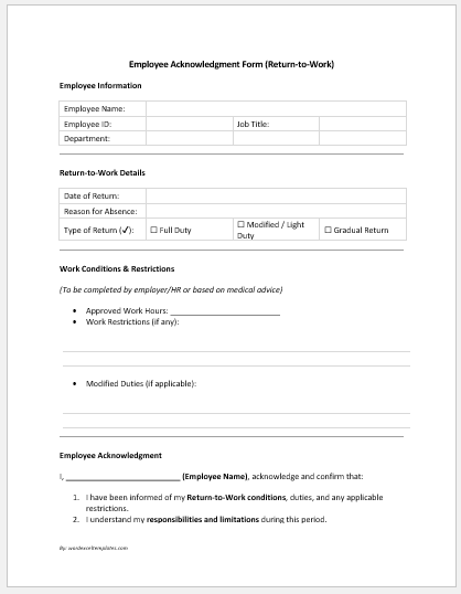 Employee Acknowledgment Form (Return-to-Work)