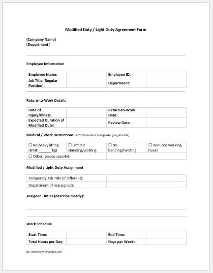 Modified Duty / Light Duty Agreement Form