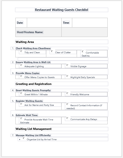 Restaurant Waiting Guests Checklist