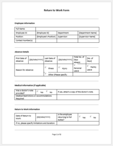 Return to Work Form Templates for Word | Download Samples