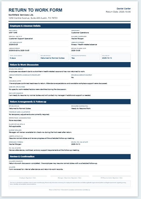 Return to Work Form Templates