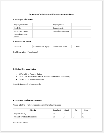 Supervisor’s Return-to-Work Assessment Form