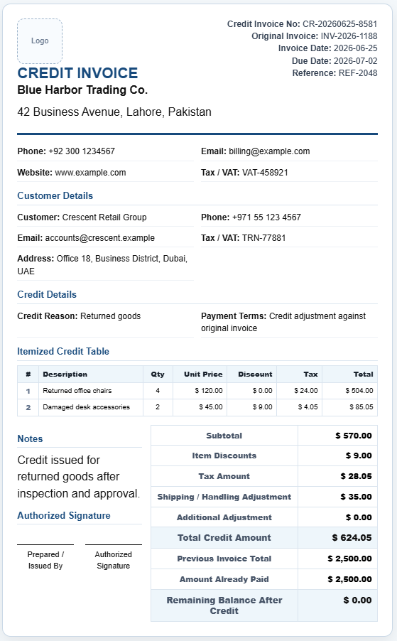 Credit Invoice Generator
