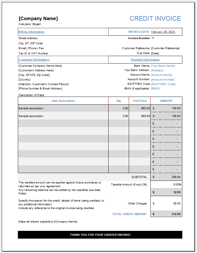 Credit Invoice Template