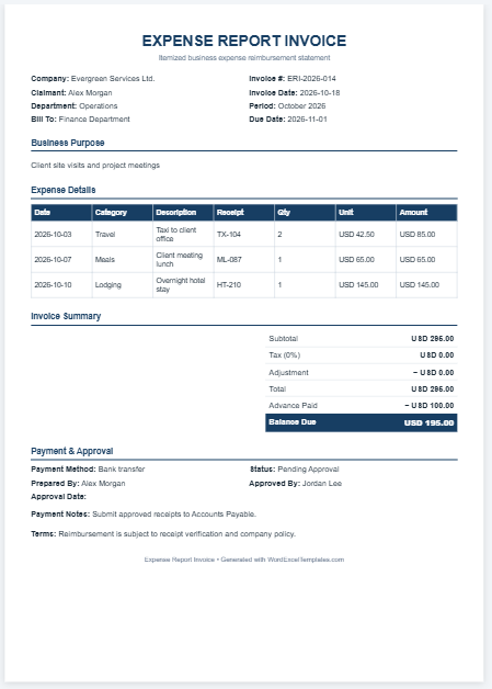 Expense Report Invoice Template