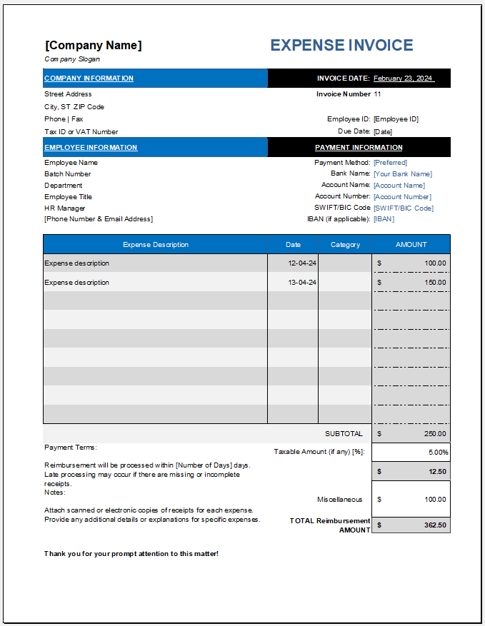 Expense Report Invoice