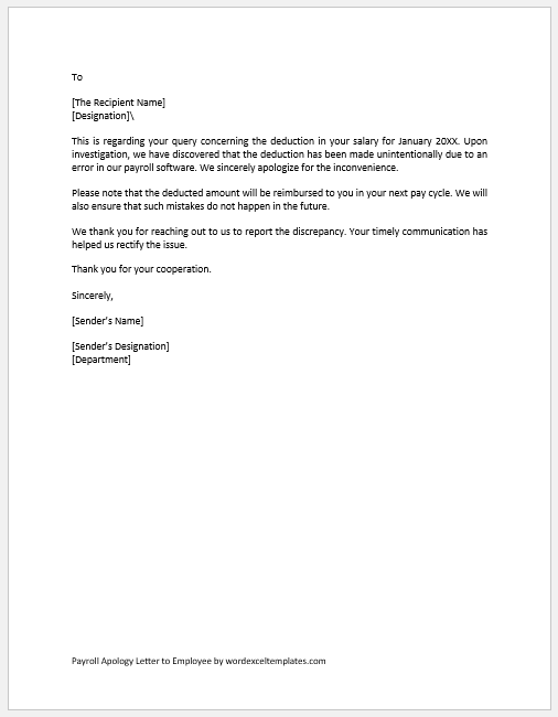 Payroll Apology Letter to Employee