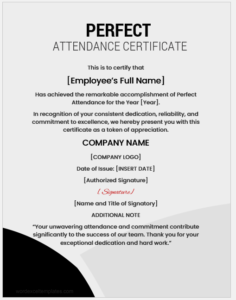 Perfect attendance certificate for employees