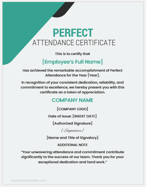 Perfect attendance certificate for employees
